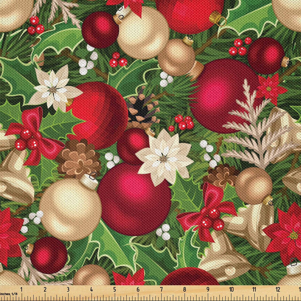 Ambesonne Christmas Fabric by The Yard, Tree Branches Spruce Leaves Balls Bells Cones Poinsettia Flowers Mistletoe Berry, Decorative Satin Fabric for Home Textiles and Crafts, 1 Yards, Multicolor